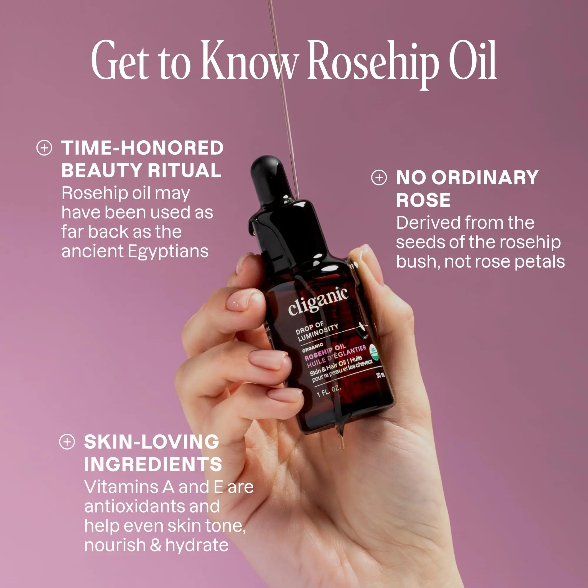 Cliganic Organic Rosehip Seed Oil for Face, 100% Pure (1oz) Cliganic